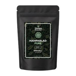 Svart påse innehållandes svenska hampablad från märket hampablomman