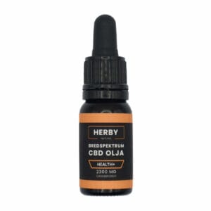 Produktbild på Bredspektrum CBD olja "health+". Svart flaska med orangea detaljer. 1 av 3 tillgängliga versioner av CBD olja på hampablomman.se