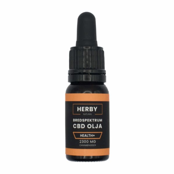 Produktbild på Bredspektrum CBD olja "health+". Svart flaska med orangea detaljer. 1 av 3 tillgängliga versioner av CBD olja på hampablomman.se