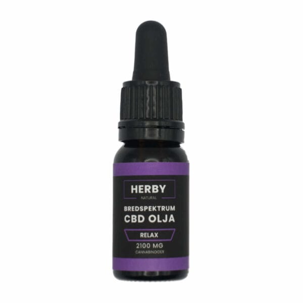Produktbild på Bredspektrum CBD olja "relax" 10 ml. Svart flaska med orangea detaljer. 1 av 3 tillgängliga versioner av CBD olja på hampablomman.se