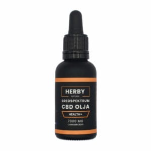 Produktbild på Bredspektrum CBD olja "health+" 30 ml. Svart flaska med orangea detaljer. 1 av 3 tillgängliga versioner av CBD olja på hampablomman.se
