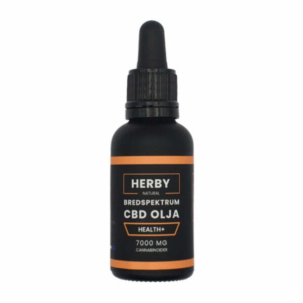 Produktbild på Bredspektrum CBD olja "health+" 30 ml. Svart flaska med orangea detaljer. 1 av 3 tillgängliga versioner av CBD olja på hampablomman.se
