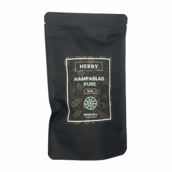50 gram Hampablad. Från hampablomman.se. Svart påse med orangea detaljer