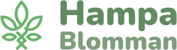 Logotyp med hampablad och text HampaBlomman