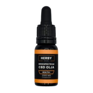 Produktbild på Bredspektrum CBD olja "health+". Svart flaska med orangea detaljer. 1 av 3 tillgängliga versioner av CBD olja på hampablomman.se