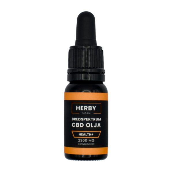 Produktbild på Bredspektrum CBD olja "health+". Svart flaska med orangea detaljer. 1 av 3 tillgängliga versioner av CBD olja på hampablomman.se