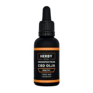 Produktbild på Bredspektrum CBD olja "health+" 30 ml. Svart flaska med orangea detaljer. 1 av 3 tillgängliga versioner av CBD olja på hampablomman.se