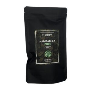 50 gram Hampablad. Från hampablomman.se. Svart påse med orangea detaljer