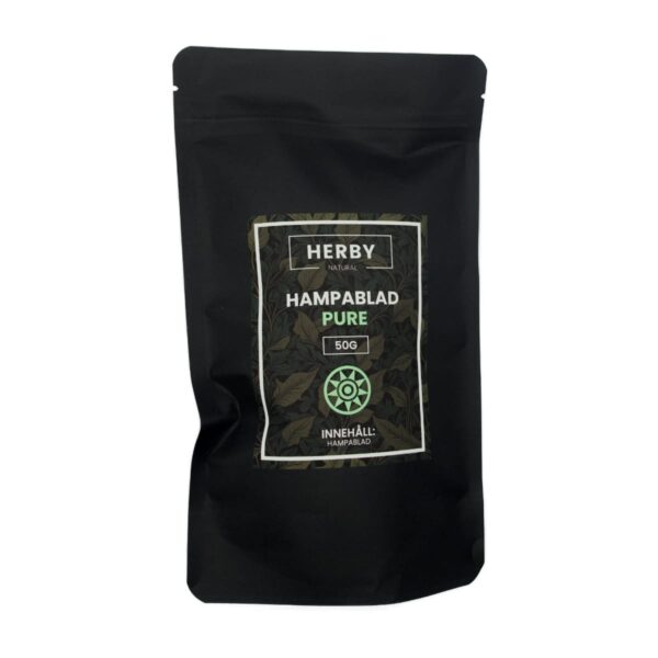 50 gram Hampablad. Från hampablomman.se. Svart påse med orangea detaljer