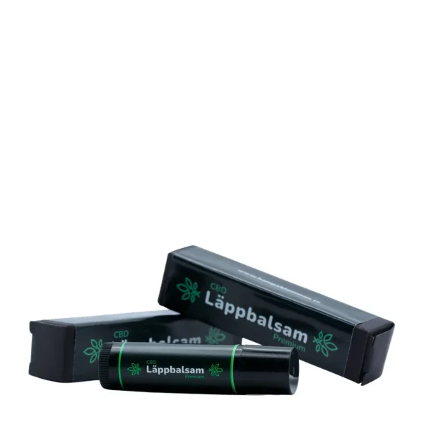 hampablomman cbd lappbalsam premium 3 CBD läppbalsam och förpackningar