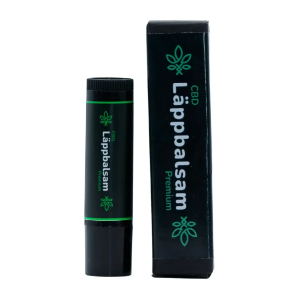hampablomman cbd lappbalsam premium 5 CBD läppbalsam med förpackning.