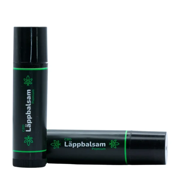 hampablomman cbd lappbalsam premium 6 CBD läppbalsam i svart och grön design