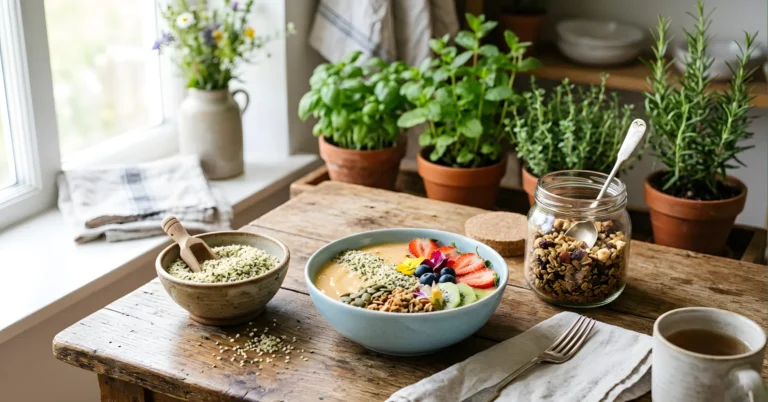 Frukostskål med frukt och hampafrön på träbord