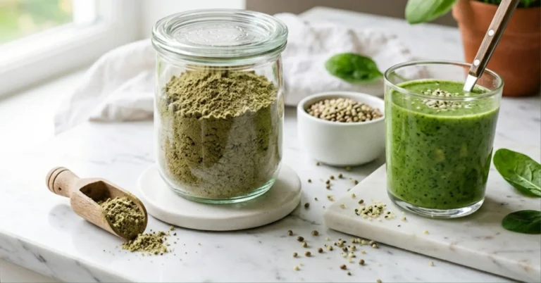 hampaprotein och grön smoothie på bordet