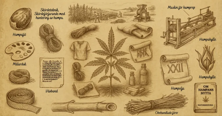 Illustration av hampa och dess användningar