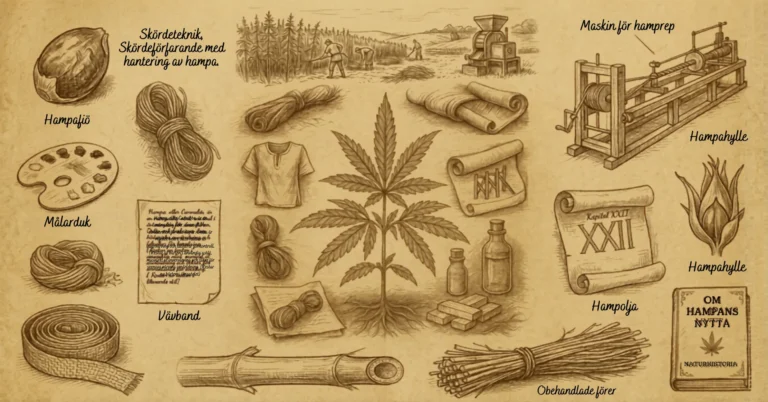 Illustration av hampa och dess användningar