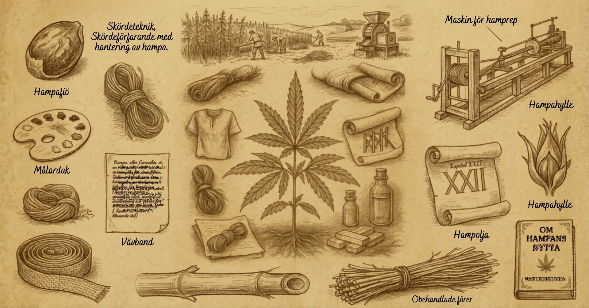 Illustration av hampa och dess användningar