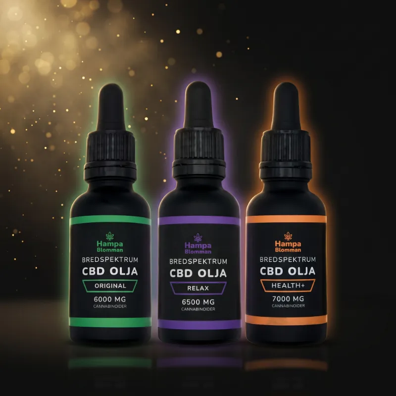 3 flaskor med cbd olja från hampabloman - original ,relax och health+ i 30 ml flaska