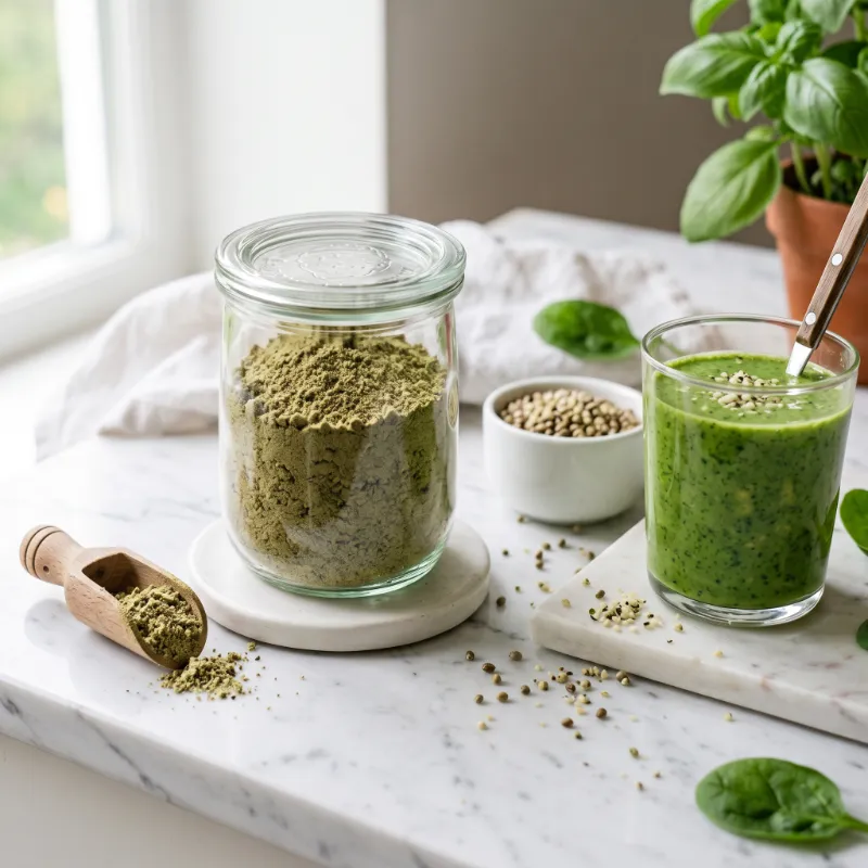 hampaprotein och nyttig hampasmoothie på ett ljus bord