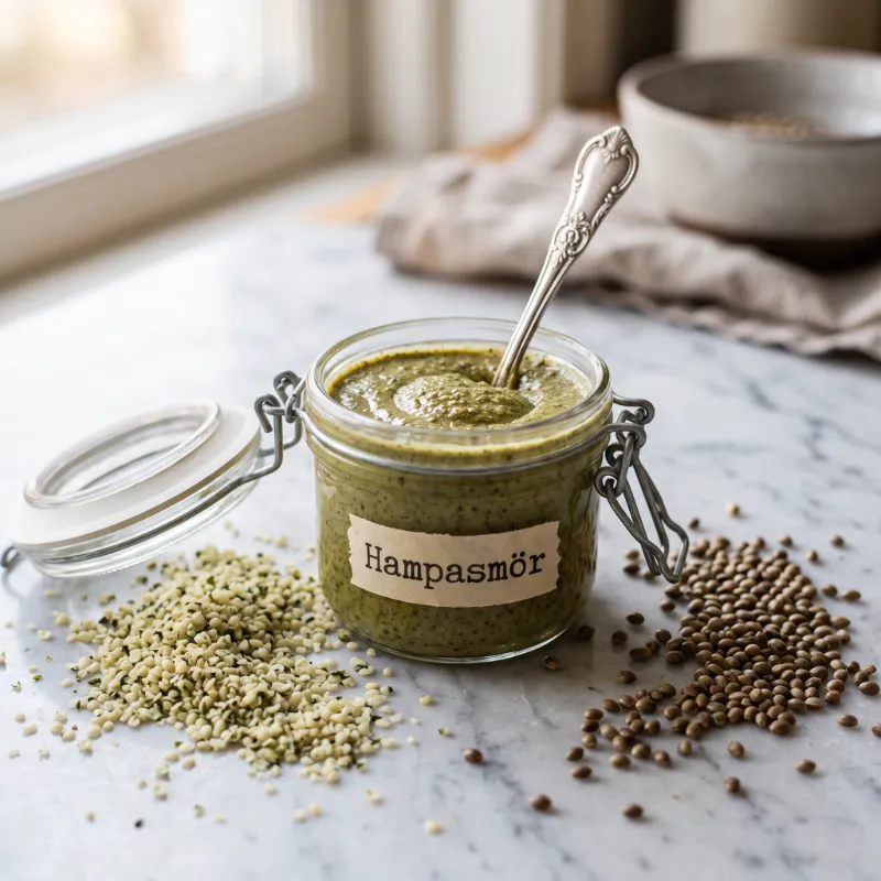 glasburk med hampasmör i, brevid skalade och oskalade hampafrön på ett marmorbord
