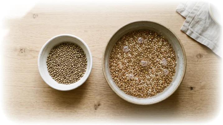 två skålar med hampafrön samt linser & quinoa