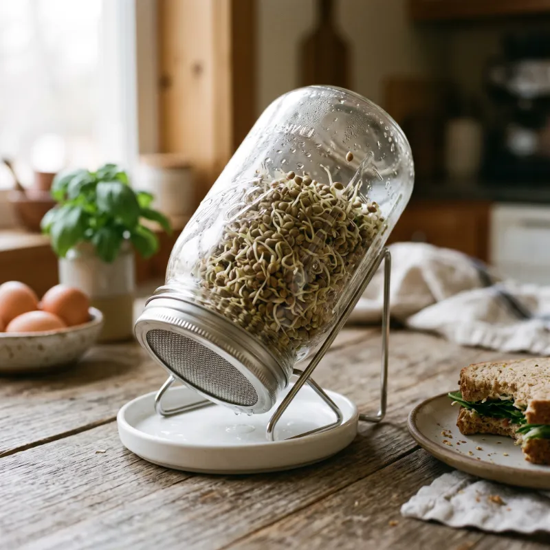 hampafrön som groddar i en groddmaskin i ett kök